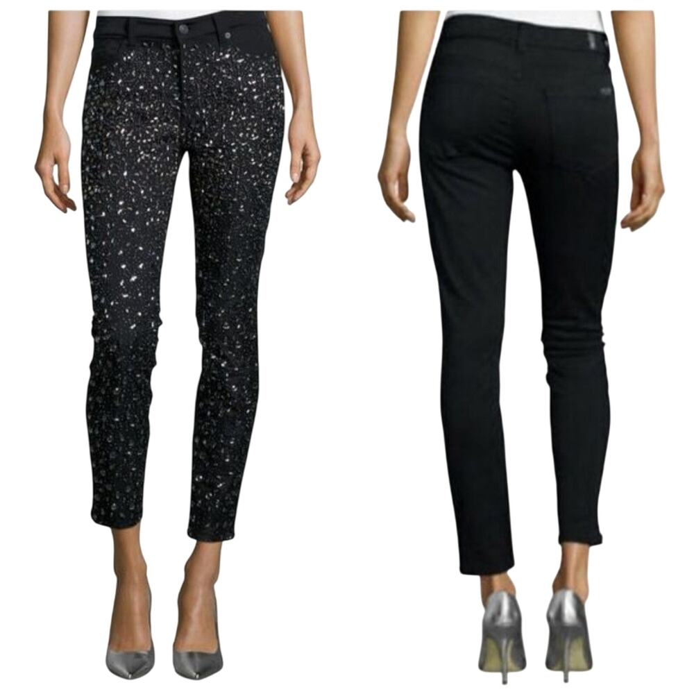 7 For All Mankind Women 27 Embellished Jeans Black Ankle Skinny NYE Party Beaded